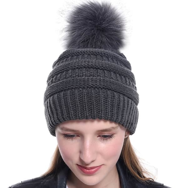 Fasjonable retro hodeplagg dame ensfarget ullball strikket lue Dark gray