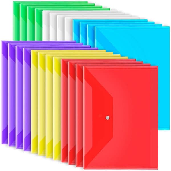 24-pack Plastic Pockets with Snap Closure, Plastic Folder for Documents A4 Transparent Pockets