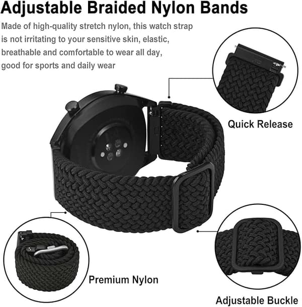 Justerbart vævet nylonarmbånd, Unisex, 22mm, Sort