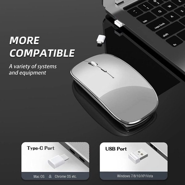 Trådløs mus, genopladelig, bærbar, lydløs trådløs mus, USB og Type-C, dobbelt tilstand, trådløs mus, 3 justerbar DPI til bærbar computer, Mac, PC