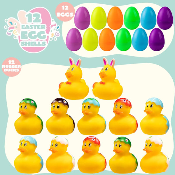 12 pääsiäismunaa täynnä kumiankkoja, kirkkaita värikkäitä pääsiäismunia täynnä erilaisia keltaisia ankkoja hauskoihin b axe duck