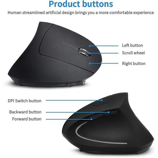 Ergonomisk vertikal trådlös mus, laddningsbar optisk mus, 2,4 g Bluetooth/ USB 6-knappar mus, svart, förbättrad produktivitet med bekväm design