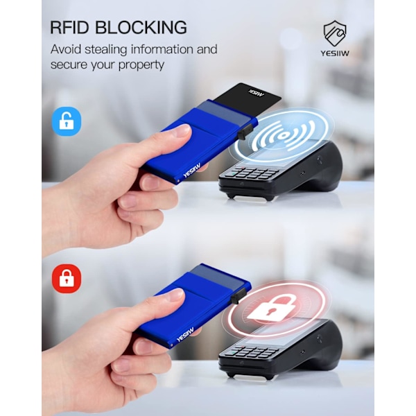 Pop-up-luottokorttikotelo RFID-estolla ja setelitaskulla - Minimalistinen käyntikorttikukkaro miehille - Ohut alumiinimetallikotelo korteille ja seteleille Blue