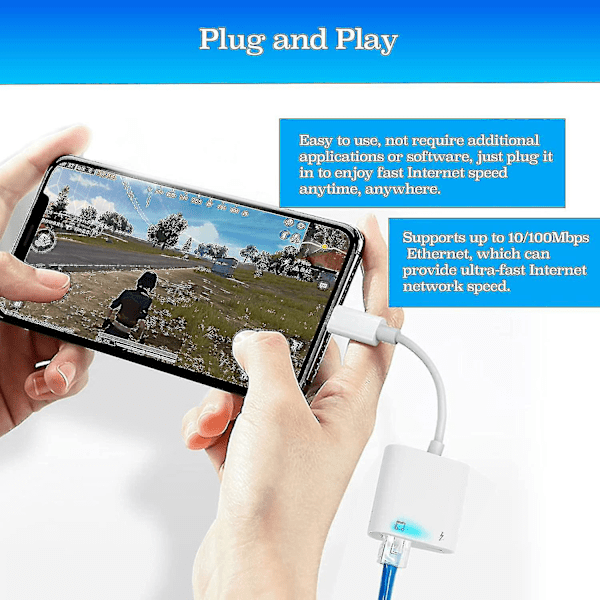 (Erikoiskampanja) Lightning–Ethernet-sovitin, yhteensopiva 2-in-1 Ethernet LAN -verkkosovitin latausportilla