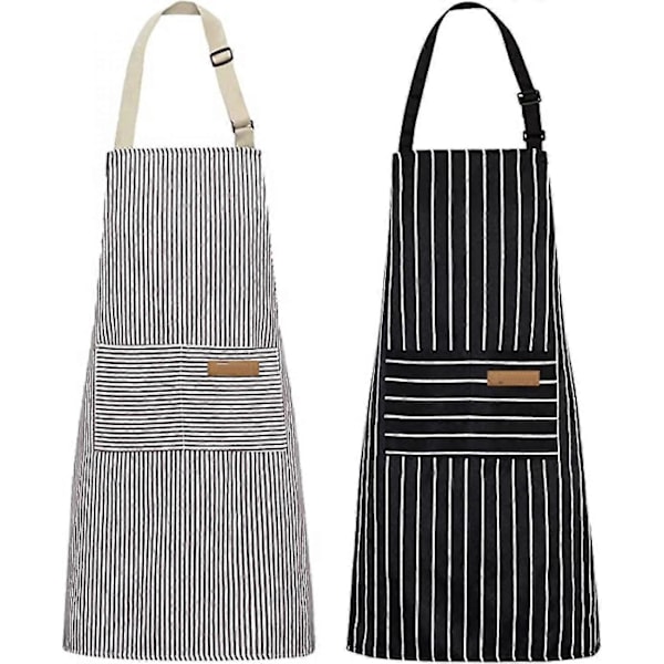 2-pack Kitchen Aprons, Adjustable Soft Chef Apron with 2 Pockets for Men Women (Black/Brown Striped)