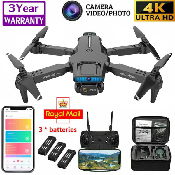 A6 Pro Drone GPS WIFI FPV 4K HD Kamera 3 Batteri Foldbar Selfie RC Quadcopter Sort Black