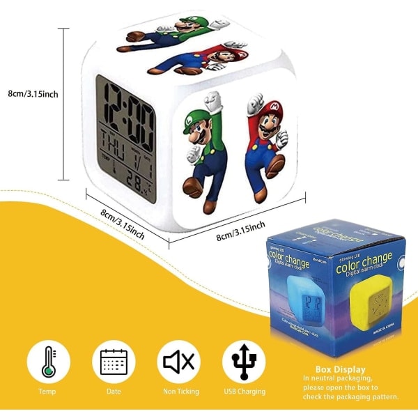 Mario 7 Färger Växlande Digital Väckarklocka med Tid, Temperatur, Alarm, Datum (Kartlopp) Super Mario-a