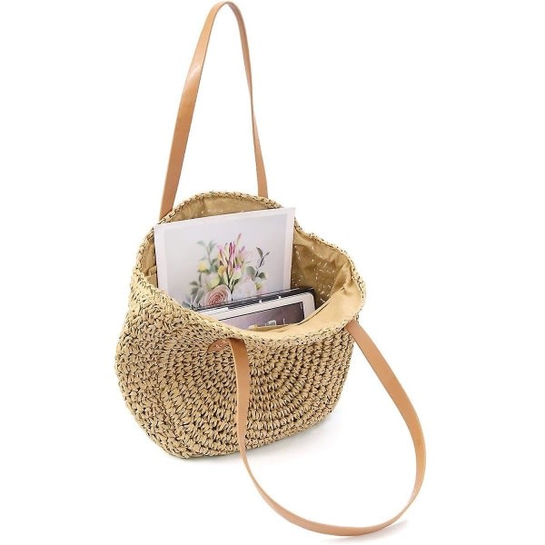 Strandväska för kvinnor, naturlig handvävd rektangulär flätad handväska, pärlkorgsväska Kamel