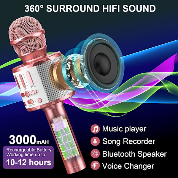 Karaokemikrofon, Trådlös Bluetooth-mikrofon för Barn med LED, Bärbar Karaokemaskin för Sång, KTV, Högtalare och Inspelning