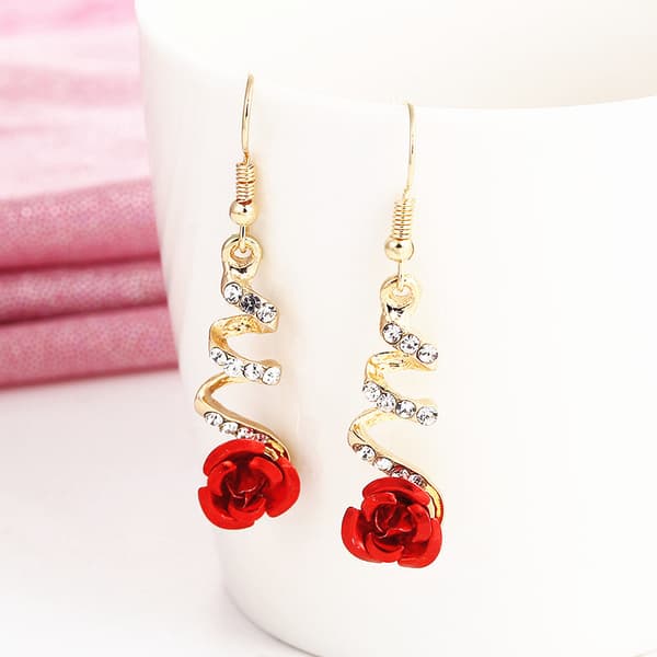Boho Akryl Røde Rose Øredobber - CZ Rose Dråpe & Spiral Anheng Øre