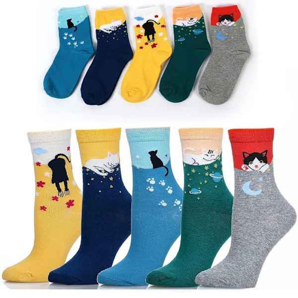 5 par roliga strumpor med kattmotiv, färgglada, trendiga, söt design, A0550