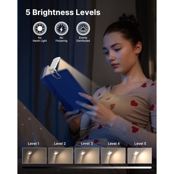 Uppladdningsbar boklampa, ögonvänlig läslampa med klämma, bärbar LED-klämma på bokmärkeslampa för bokälskare