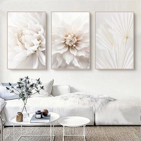 Sæt med 3 plakater, hvide rosenblomstbilleder, moderne lærredsbilleder, uden ramme, boho billedsæt, vægdekoration til stue, soveværelse 30*40cm