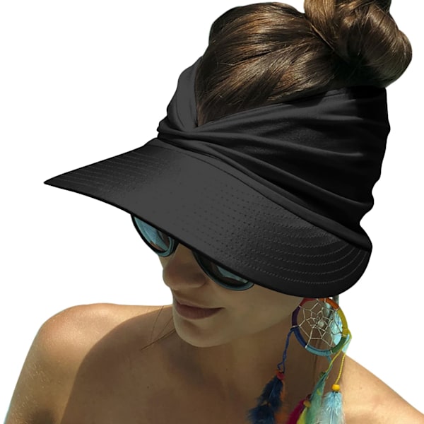 Solskyddskeps för damer, bred brätte, sommarhatt utan topp, hopfällbar, snabbtorkande solhatt, strand sportkeps, svart black