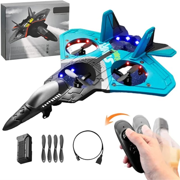V17 Jet Fighter Stunt RC - Kaukosäädöllä ohjattava lentokone 360 °:n kääntöohjauksella, vaaleansininen