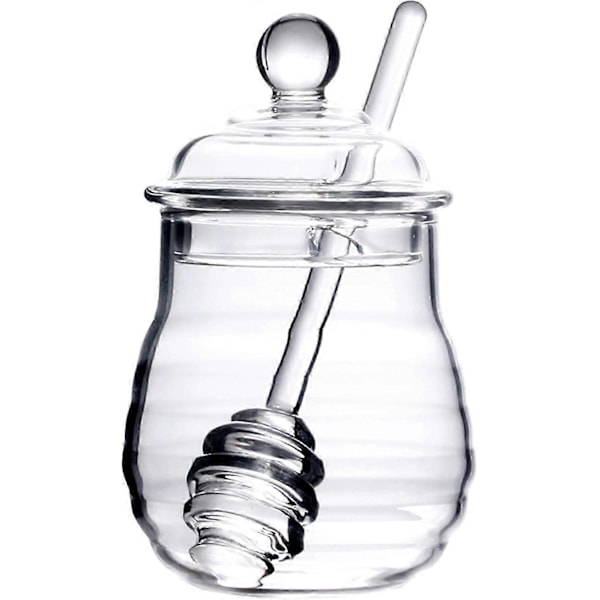 300 ml Honungsburk med Sked och Lock Glas Honungskruka med Dippare Värmebeständig Glas Honungsdispenser Glasbehållare_SZXM (FMY)