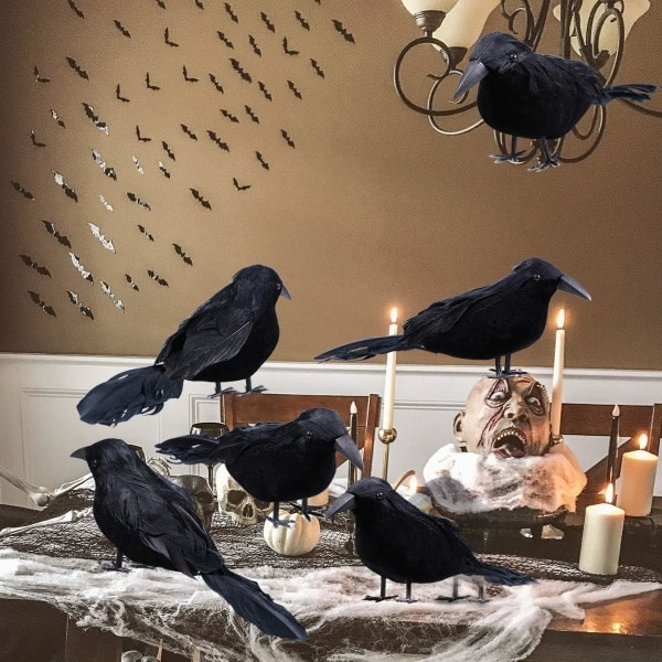 6-pakk Halloween mustat höyhenet varis, Halloween-koristeet Realistiset linnut Halloween varis koriste-esineet