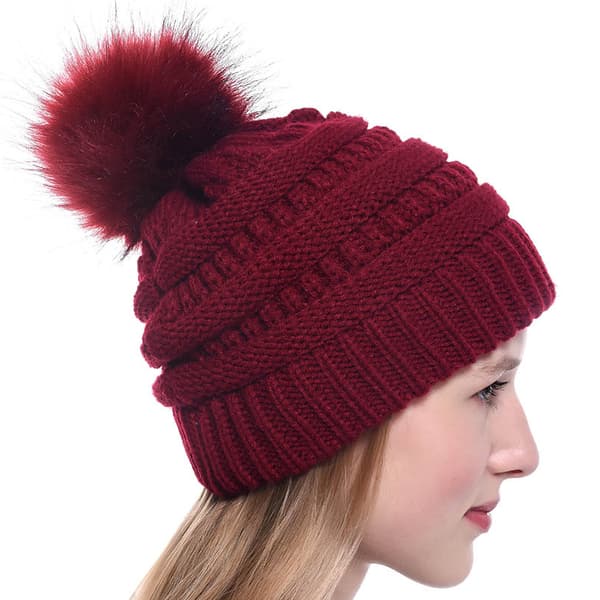 Fasjonable retro hodeplagg dame ensfarget ullball strikket lue Wine red