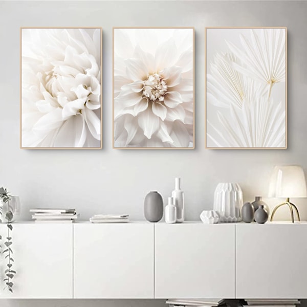 Sæt med 3 plakater, hvide rosenblomster billeder, moderne lærreds malerier, uden ramme, boho billedsæt, vægdekoration til stue, soveværelse 40*50cm