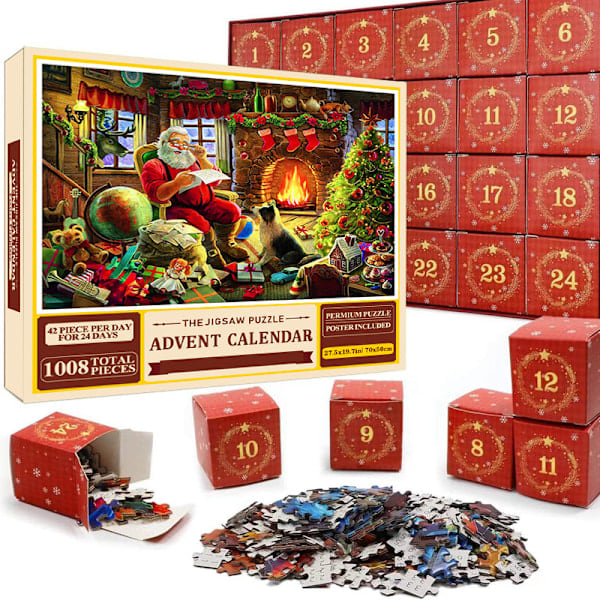 Puslespil Adventskalender 2024, 1008 puslespilbrikker 24 dage jule-nedtælling Adventskalendere