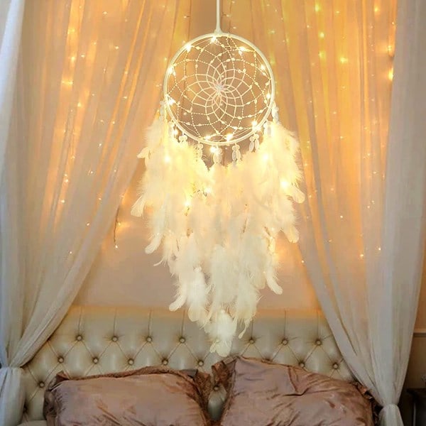 LED Drömfångare för Barn Väggdekor Vita Fjädrar Drömfångare med Ljuspärlor Boho Dekor Vävd Konst Prydnad Handgjord Present till Barnrum Hängande