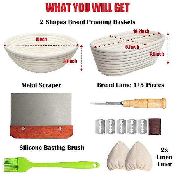 Brödkorg Banneton Jäskorg Set om 2, 9 Tum Rund & 10 Tum Oval Sockerrör Surdegsjäskorgar med Ac As Shown
