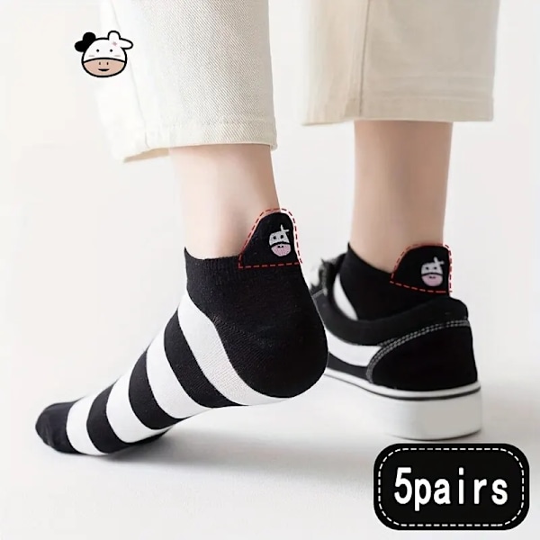 5 Par Damsockor med Söt Ko-Mönster, Korta Sockor, Kreativa Tryckta Sockor, Ankelsockor, 5 Par Enkelt Kod