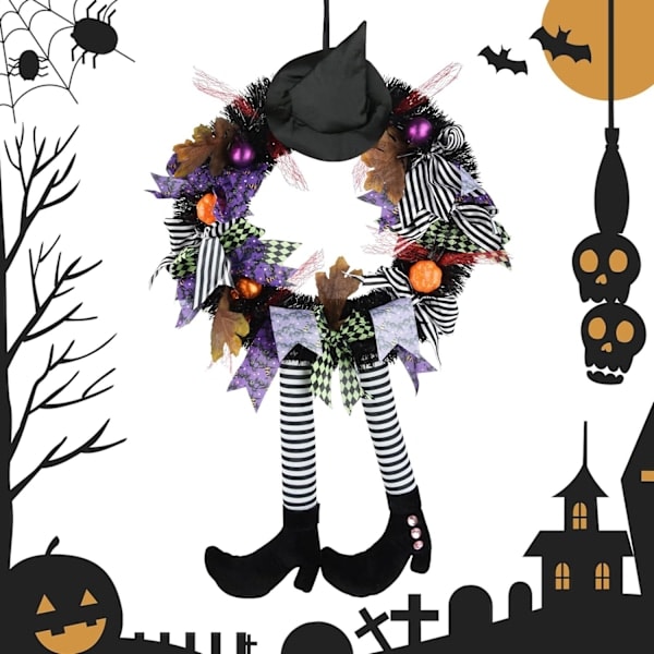 Halloween-ovikranssi ulko-oveen, 27 tuuman noitakranssikoristeet, Halloween-ovikranssi noitakorkki ja luut pumppukoristeet ulko-oveen tai sisätiloihin