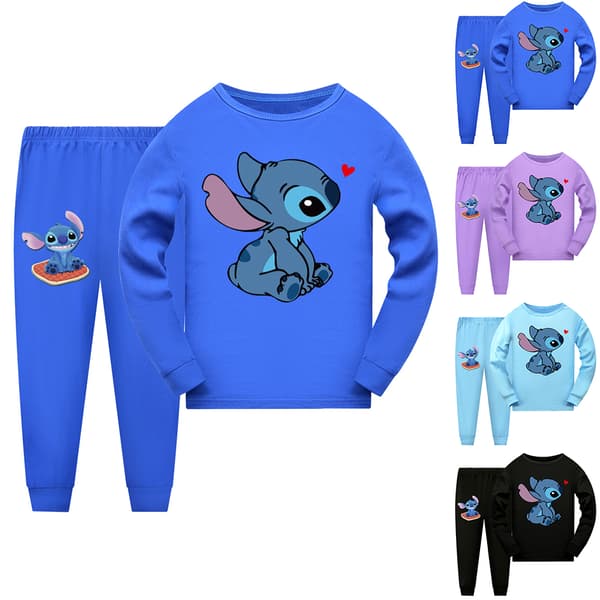 2-delt Børne Pyjamas Stitch Langærmet Trøje Sæt Nattøj - Mørkeblå Dark Blue 150cm