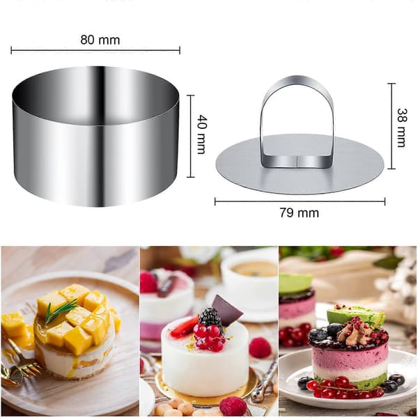 4 stk Mini Kageforme i Rustfrit Stål Runde Mousse Ring Sæt 8cm Diameter med Presseløfter Tykkere Bageværktøjer