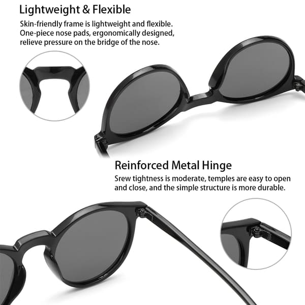 Unisex Solglasögon med Polariserande Linser, Rund Ram, Retro Black-Silver