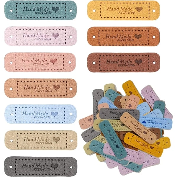 Pakke med 100 håndlavede stoflabels, personlige læderlabels, håndlavede sylabels med huller til strikning (10 farver, 56 x 15 mm)
