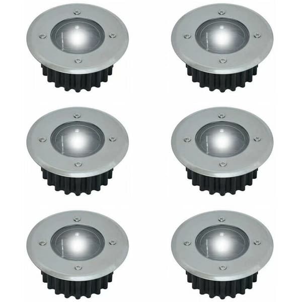 Sæt med 6 solcelle LED indbygningsspots - Runde - Diameter: 85 mm - Udendørsbestandig base - Front i rustfrit stål - 6 solceller li