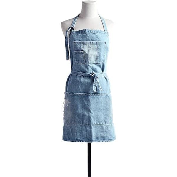 Denimforklæde, justerbart unisex smækforklæde med lommer til madlavningskøkken Short Wathet Blue