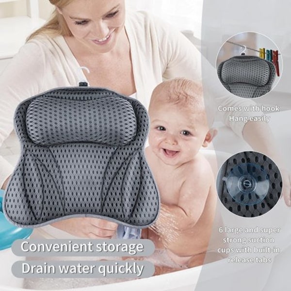 Badkarskudde med nack- och axelstöd, 4D Air Mesh-teknik, snabbtorkande med 6 sugkoppar, 42*45 cm