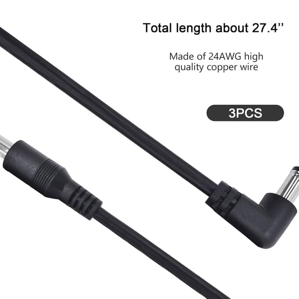 3 stk. Gitarpedal Strøm DC-kabel for Effektpedal 5,5 x 2,1 mm Strømledning Kabel Hann til Hann 24AWG Koblingsplugg Ledningsadapter