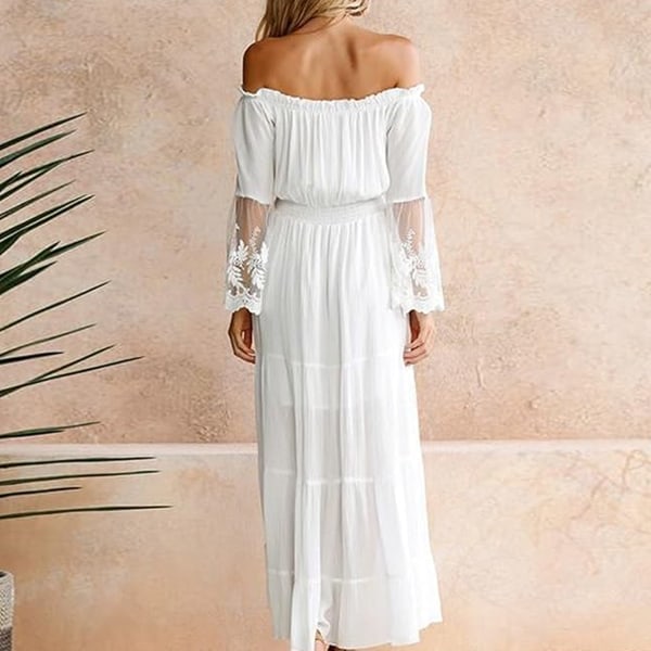 Kvinnor Maxi Lång Klänning Off Shoulder Spets Flare Ärm Elegant Festklänning Boho Klänning Vit/Svart