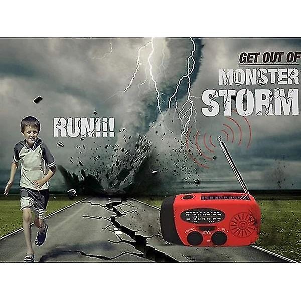 Nödradio, bärbar vev- och solradio med AM/FM-funktion, med 2000 mAh laddningsbart batteri, SOS-siren, LED-ficklampa röd
