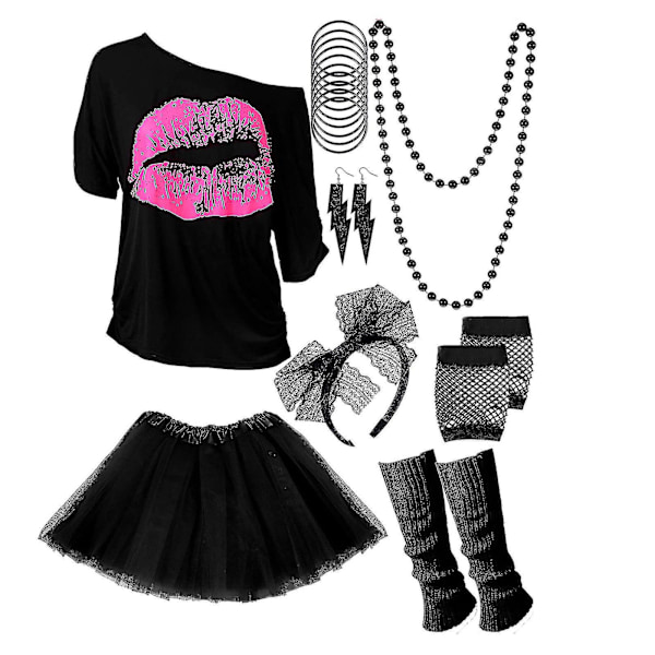 80-tals 90-tals outfit dam, T-shirt, benvärmare, klänning, örhängen, armband, handskar Svart Black XL Black