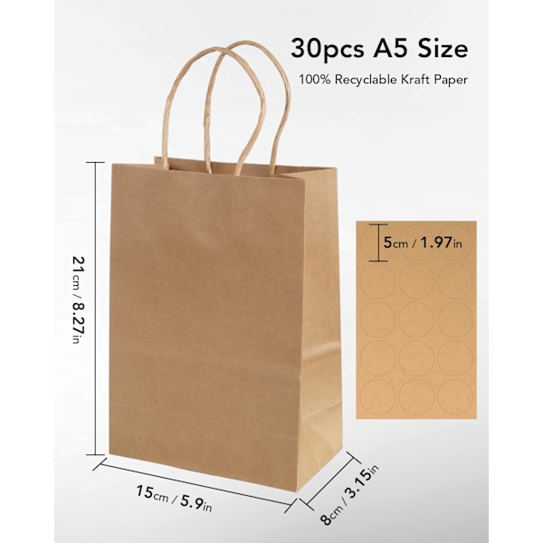 (Særlig kampagne) Papirposer med håndtag 30-pak, gaveposer, 15x21x8cm (brun)