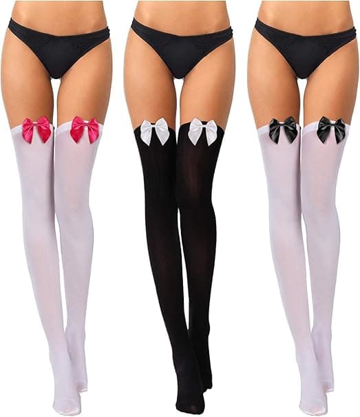 3 par blonde strømper med sløjfe, lårhøje strømper til Halloween, Valentinsdag