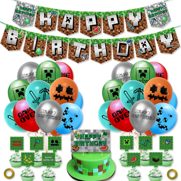 Nye Minecraft fødselsdagsflag, kagekort, ballon-sæt, pixelspil, festdekorationer