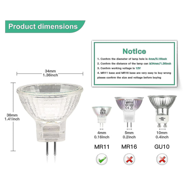 MR11 Halogenlamper (12-pak), GU4 Halogenlampe 12V 20W, MR11 GU4 Dimmerbar Glødepære Cover til Loftlampe, 2-stifts Halogenlampe 2700K Varmt Hvid