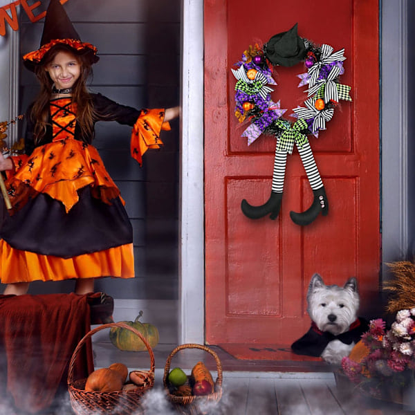 Halloween-ovikranssi ulko-oveen, 27 tuuman noitakranssikoristeet, Halloween-ovikranssi noitakorkki ja luut pumppukoristeet ulko-oveen tai sisätiloihin