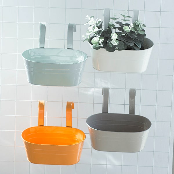 Hängande Blomkrukor, Hängande Blomkrukor i Metalljärn med Dräneringshål, Väggplanteringskärl för Staket, Balkonger gray