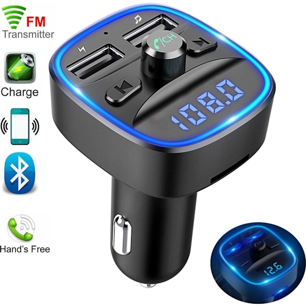 (Specialtilbud) Automatisk Bluetooth FM-sender, Blåt Ambient Lys Trådløs Radio Bilmodtager Adapter med Håndfri, Dobbelt USB-oplader