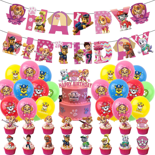 Paw Patrol Wangwang Team Födelsedagsfest Dekorationer Dra Flag Banner Ballong Tårta Plug Dekorativ Set