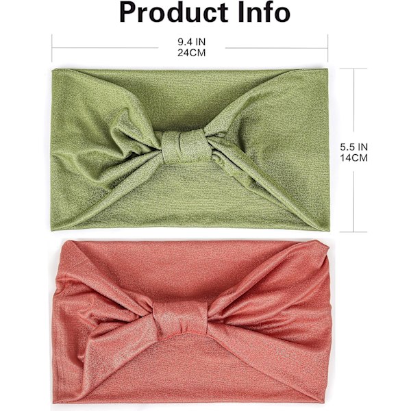 2-pak brede pandebånd til kvinder, yoga, løb, sport, fitness pandebånd, elastiske bløde bomuldsbandanaer til piger (grøn, pink)