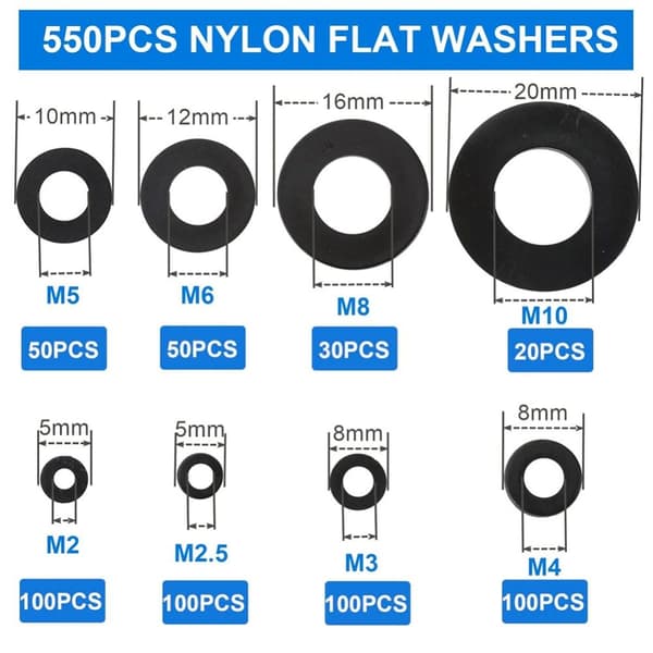 550 Stk. Nylon Flad Skive Sortimentssæt Metrisk Ring