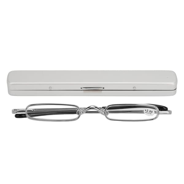 Smal lesebrille Små bærbare rustfritt stål Metall HD Mini lesebriller for med etui Eldre menn Kvinner Sølv +200